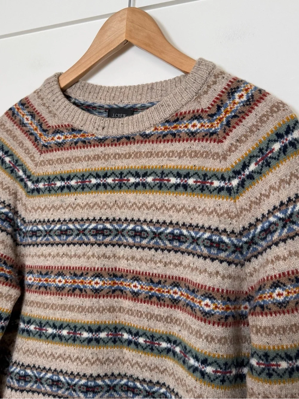 J Crew Sweater Men Sz S Beige Fair Isle Lambswool Blend Crewneck Nordic Pullover